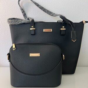 Leather Black Tote Bag with Clutch